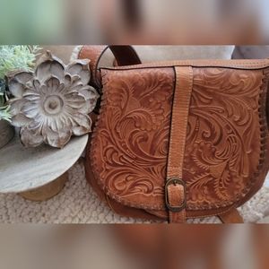Patricia Nash tooled Barcellona Saddle Crossbody Bag Brown Floral Embossed Flap